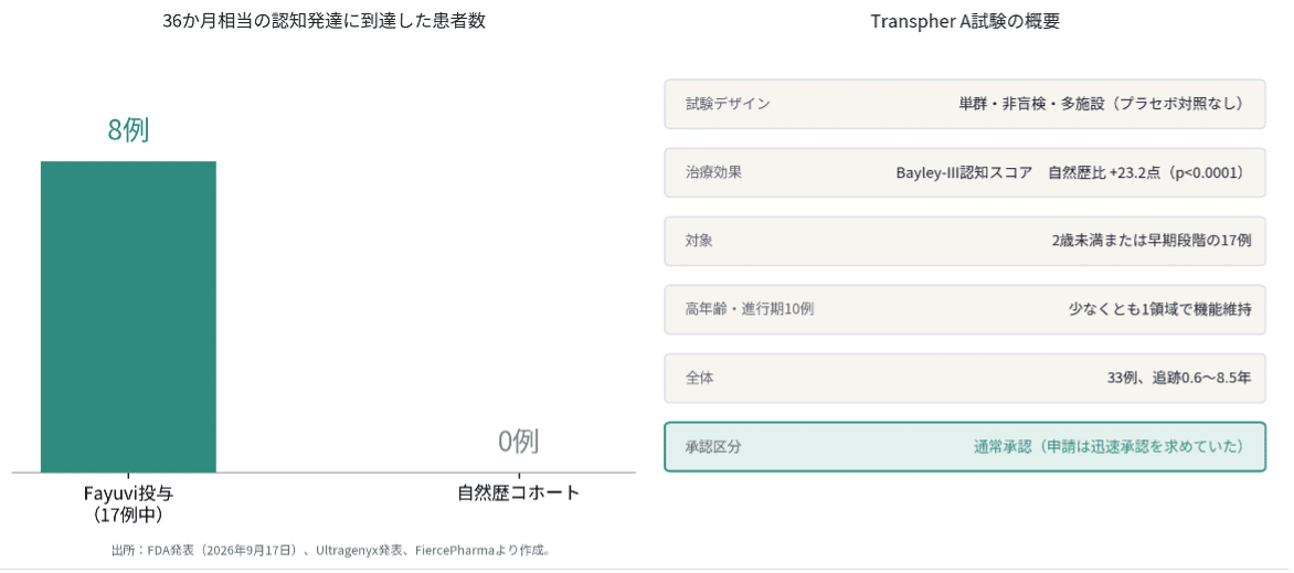 Transpher A試験の概要と結果(FDA・Ultragenyx発表をもとに筆者作成)