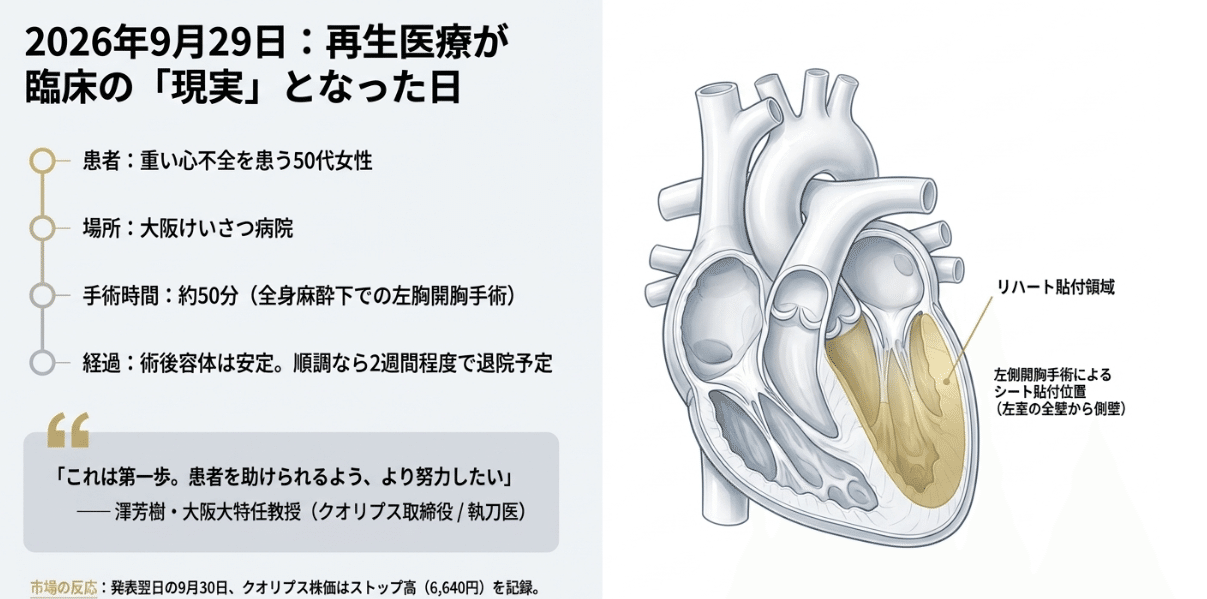 2026年9月29日:再生医療が臨床の「現実」となった日(クオリプス発表・各社報道をもとに筆者作成)