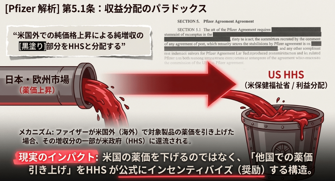 ファイザー契約第5.1条:米国外の増収分をHHSと分配する仕組み(筆者作成)